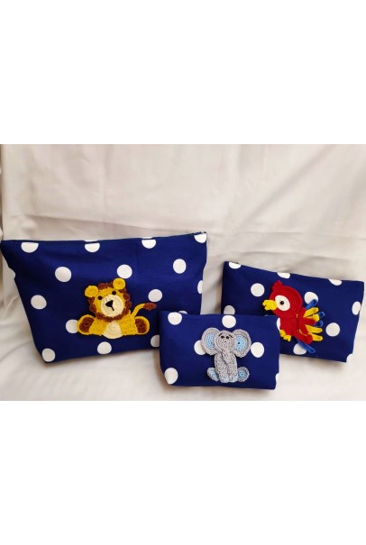 Happy Threads Cotton Storage Pouch with Hand Made Crochet Animals (Dark Blue) Comes in Set of 3